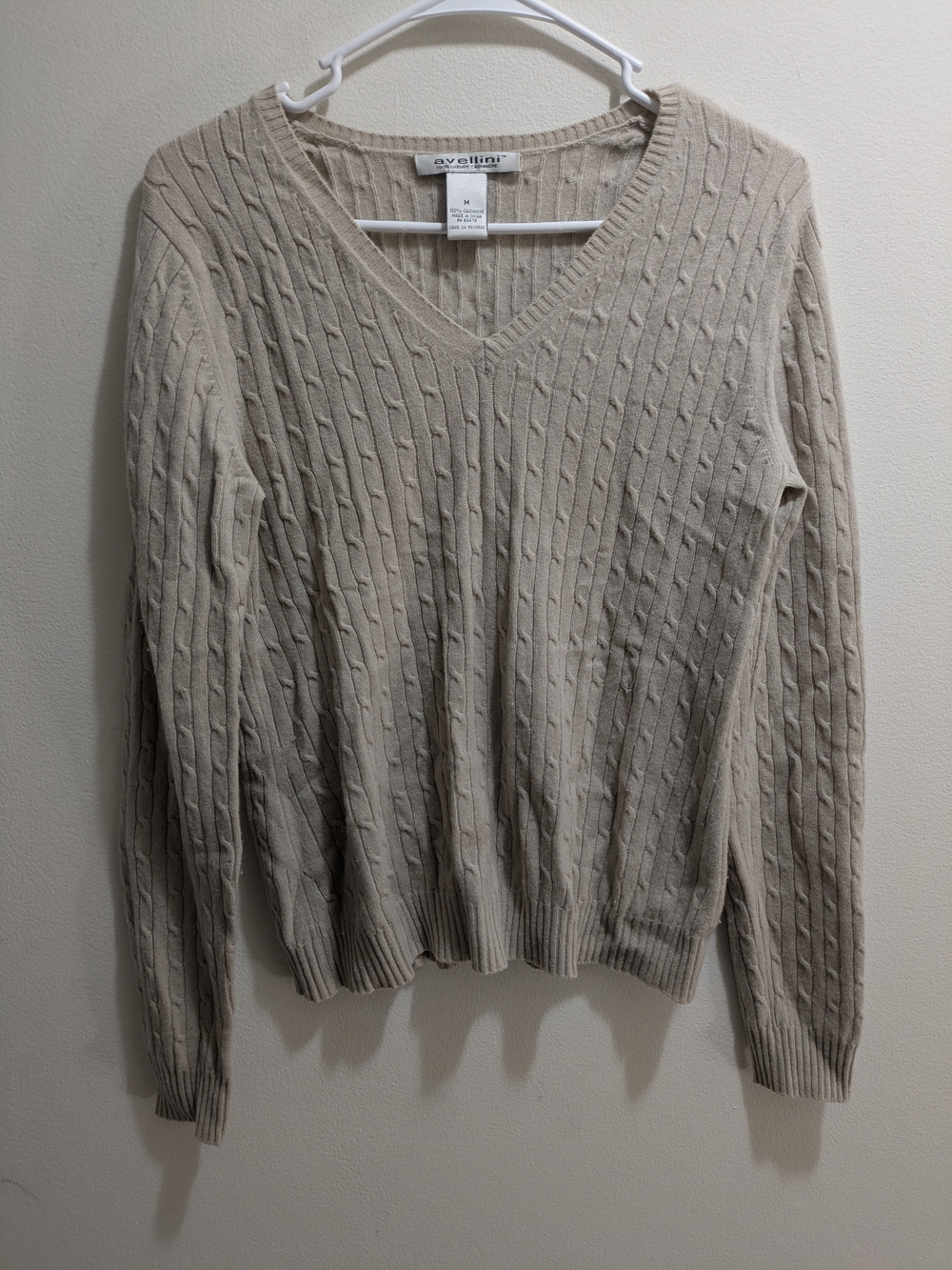 Avelina Beige Cable-Knit V-Neck Sweater